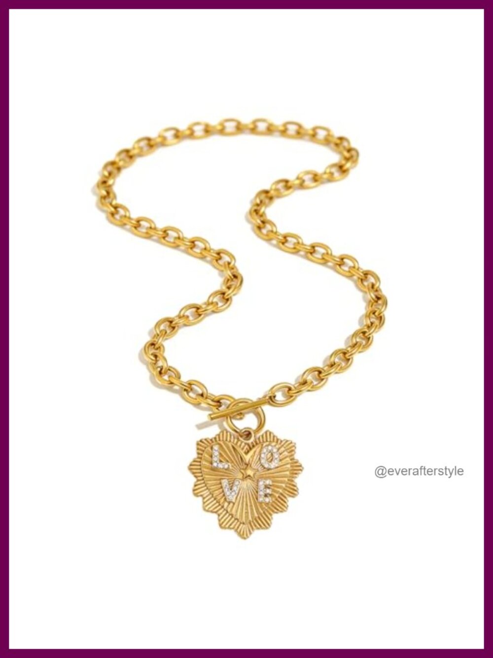 18K Gold Plated Chunky Heart Pendant Necklace Cuban Chain Stainless Steel